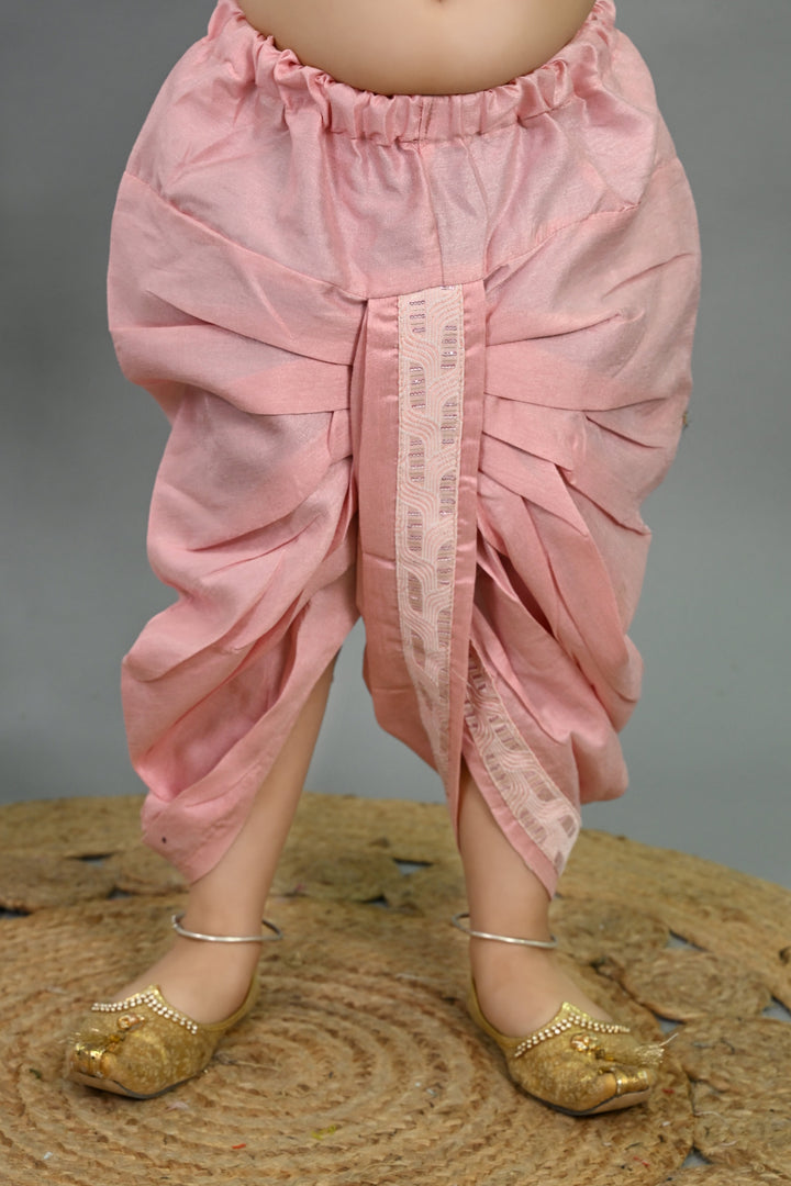 Boys Cotton Silk Sequins Embellished Wavy Motifs Kurta & Dhoti Set with Waistcoat - Pink | SHOBITAM