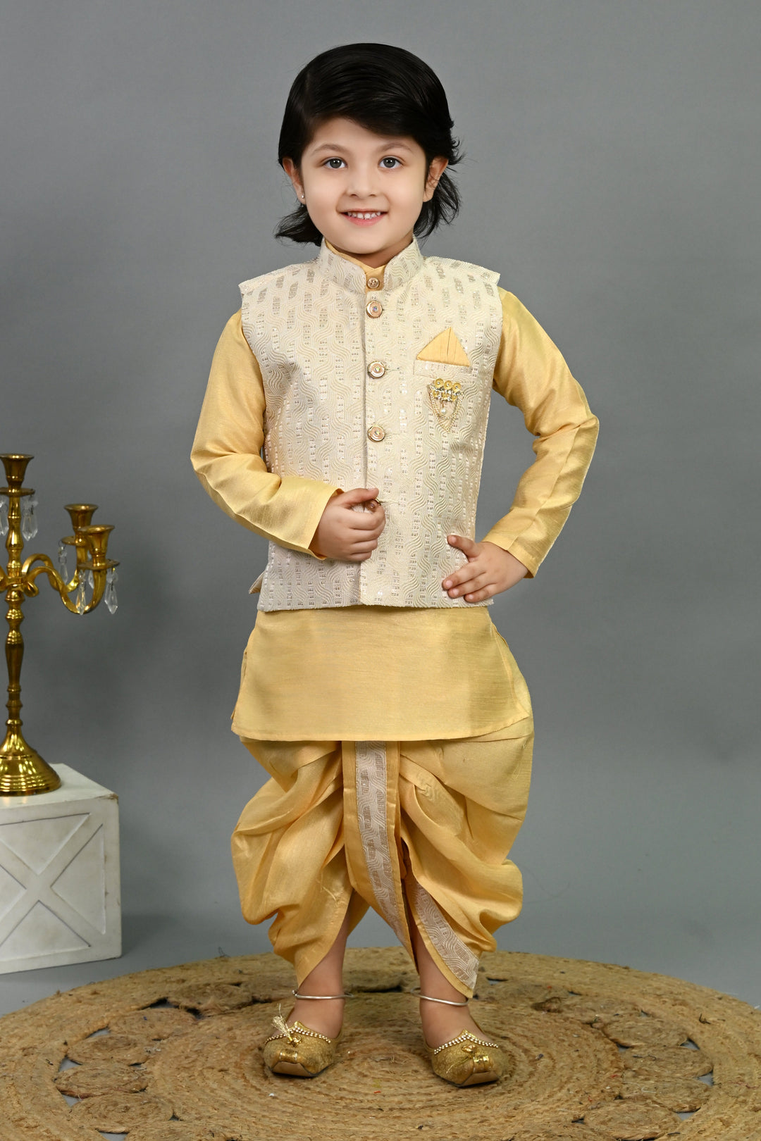 Boys Cotton Silk Sequins Embellished Wavy Motifs Kurta & Dhoti Set with Waistcoat - Yellow | SHOBITAM