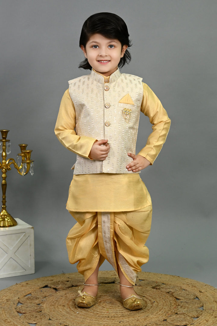 Boys Cotton Silk Sequins Embellished Wavy Motifs Kurta & Dhoti Set with Waistcoat - Yellow | SHOBITAM