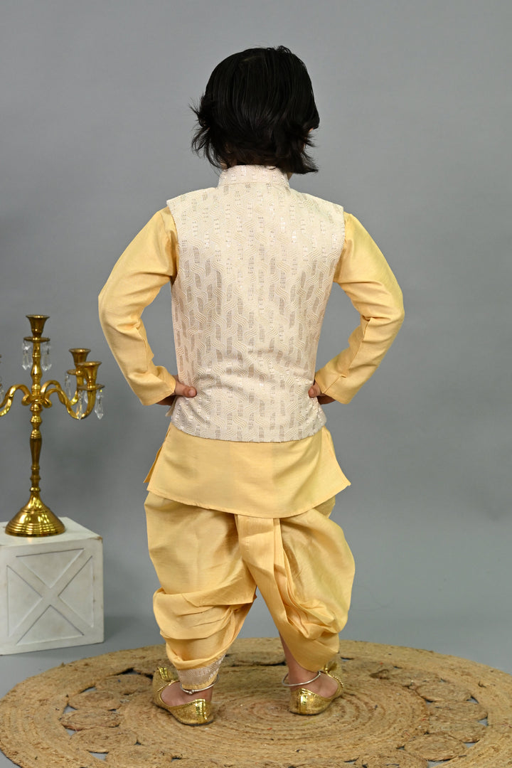 Boys Cotton Silk Sequins Embellished Wavy Motifs Kurta & Dhoti Set with Waistcoat - Yellow | SHOBITAM