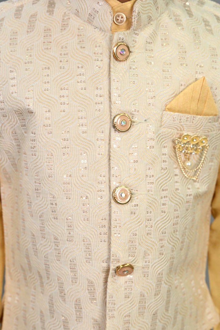 Boys Cotton Silk Sequins Embellished Wavy Motifs Kurta & Dhoti Set with Waistcoat - Yellow | SHOBITAM