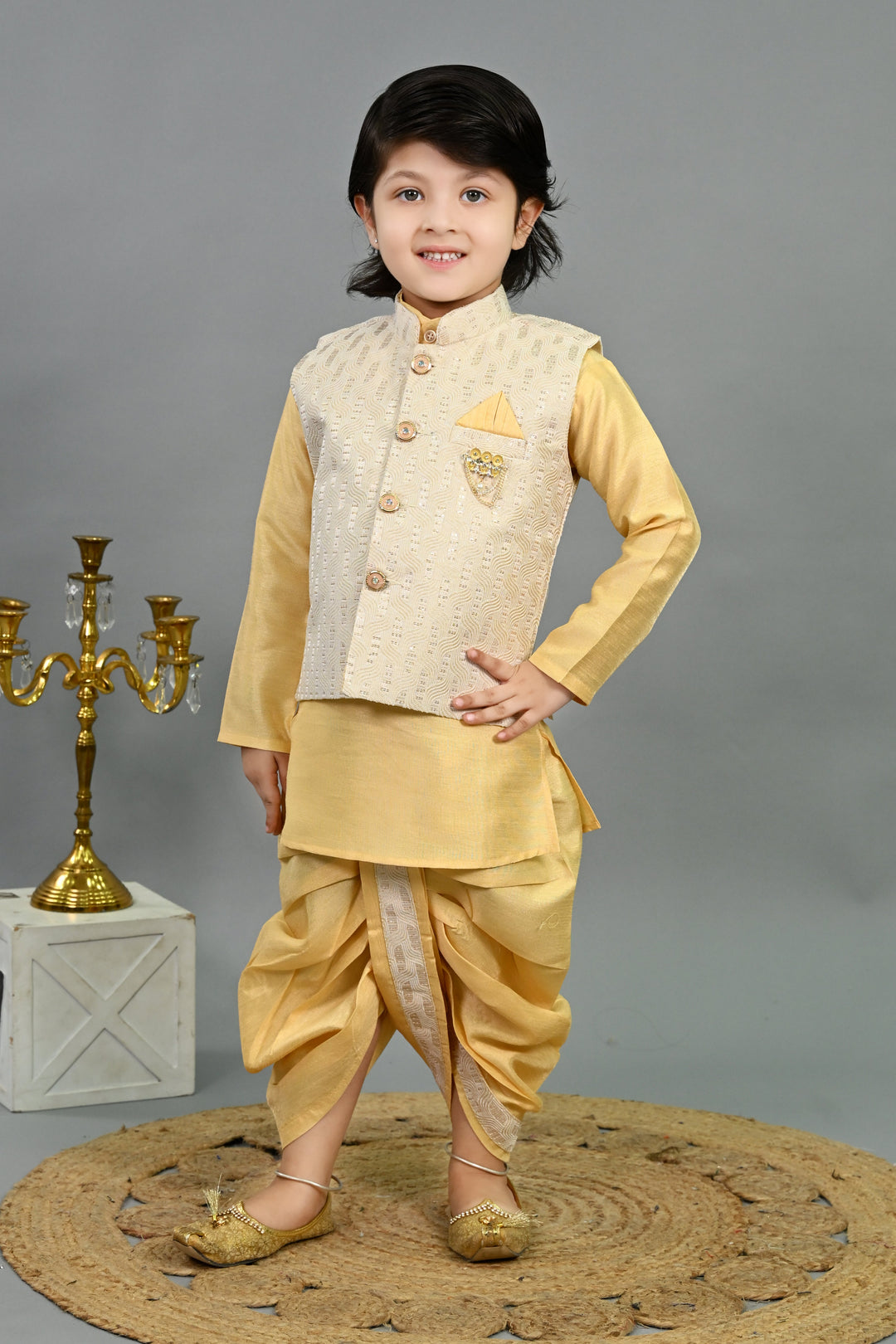 Boys Cotton Silk Sequins Embellished Wavy Motifs Kurta & Dhoti Set with Waistcoat - Yellow | SHOBITAM