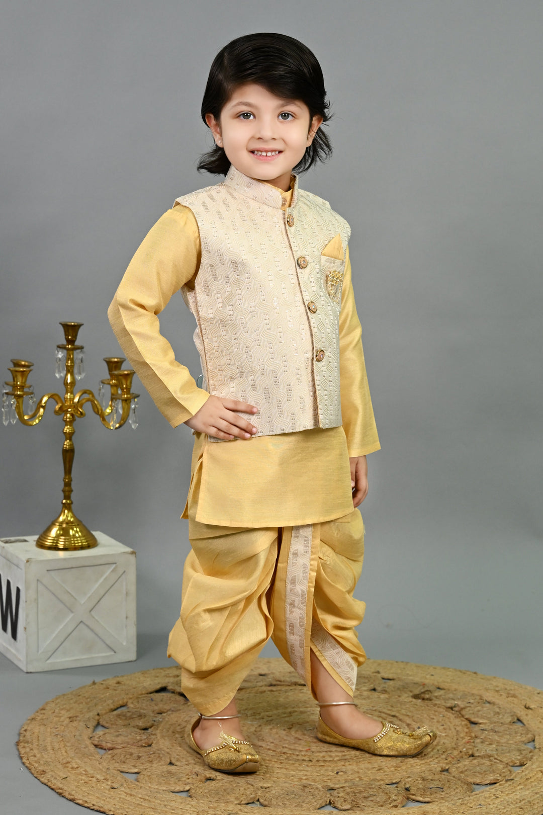 Boys Cotton Silk Sequins Embellished Wavy Motifs Kurta & Dhoti Set with Waistcoat - Yellow | SHOBITAM