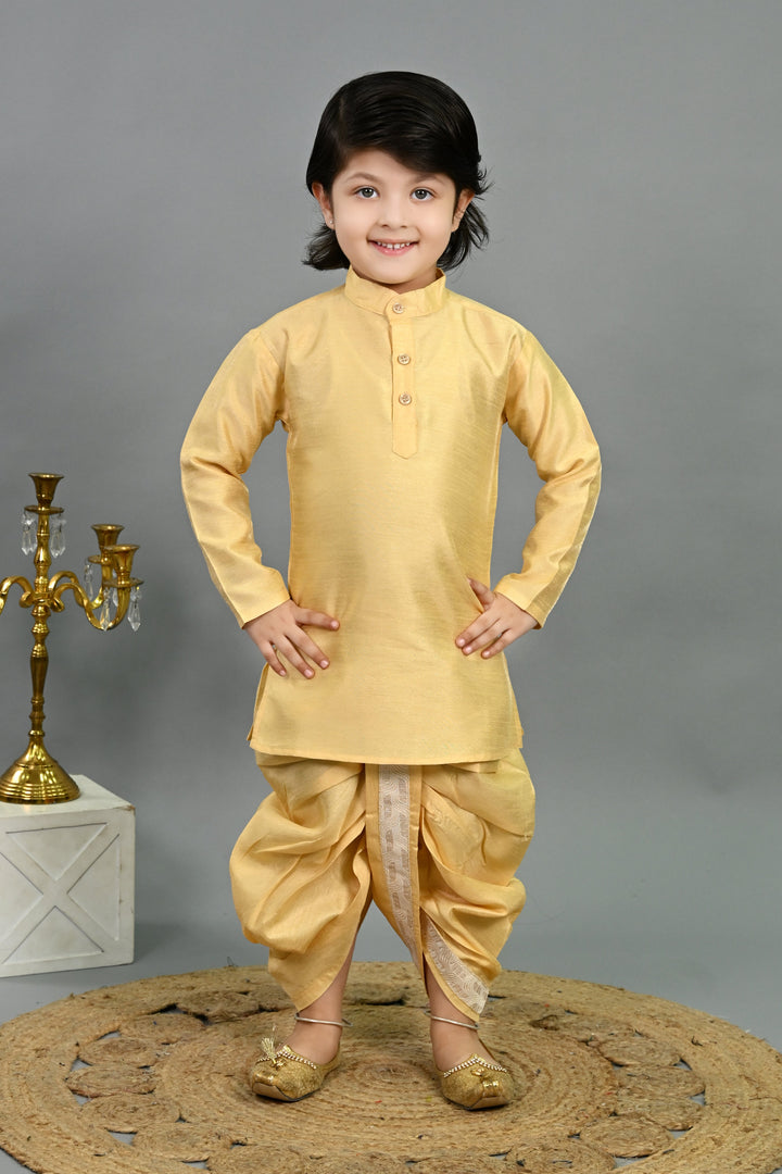 Boys Cotton Silk Sequins Embellished Wavy Motifs Kurta & Dhoti Set with Waistcoat - Yellow | SHOBITAM