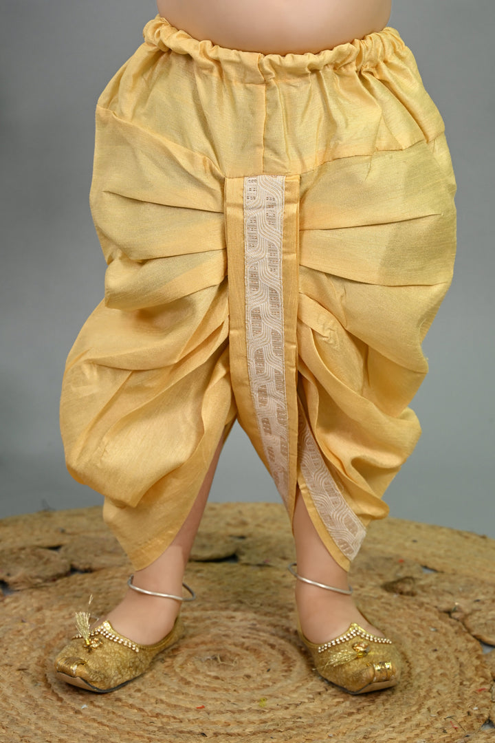 Boys Cotton Silk Sequins Embellished Wavy Motifs Kurta & Dhoti Set with Waistcoat - Yellow | SHOBITAM