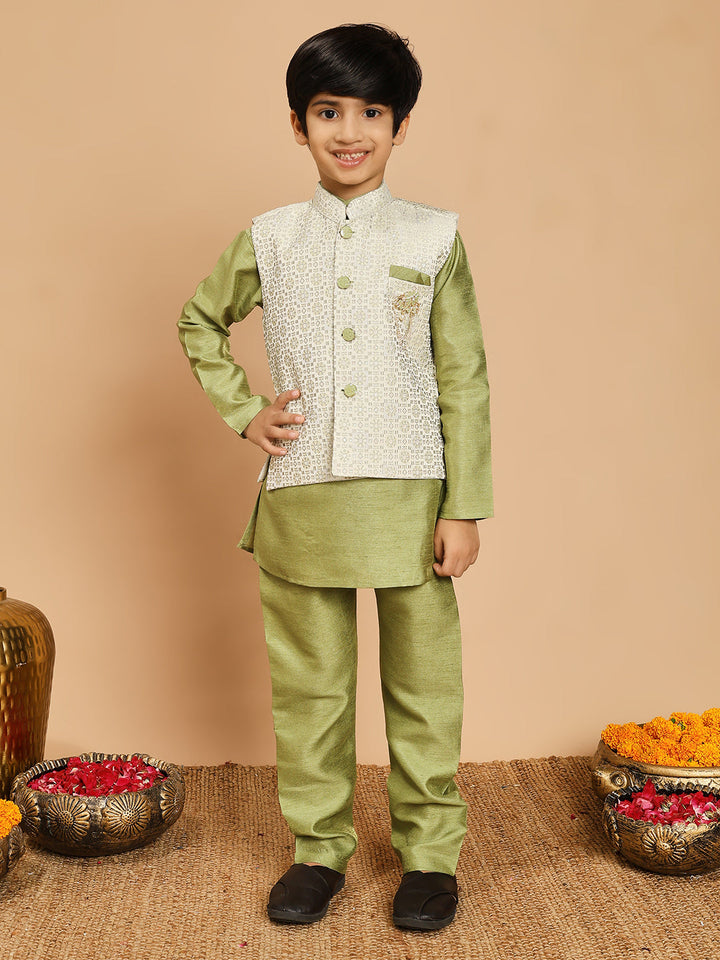 Boys Cotton Silk Kurta & Pyjama Set With Jacquard Geometric Pattern Waistcoat - Pista Green | SHOBITAM