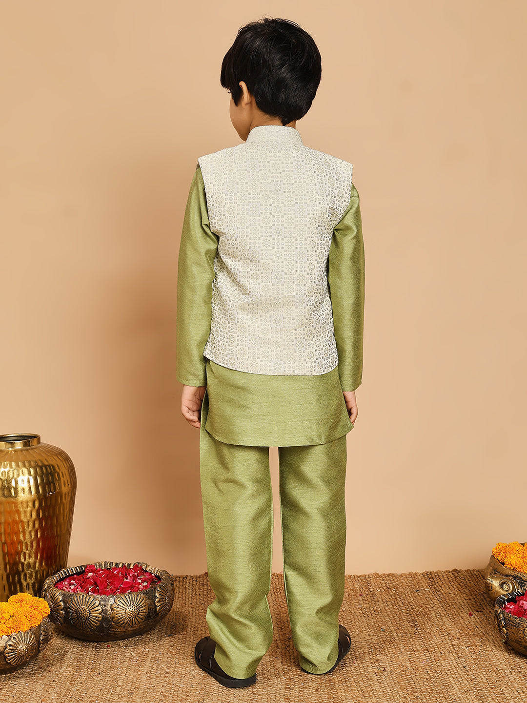 Boys Cotton Silk Kurta & Pyjama Set With Jacquard Geometric Pattern Waistcoat - Pista Green | SHOBITAM