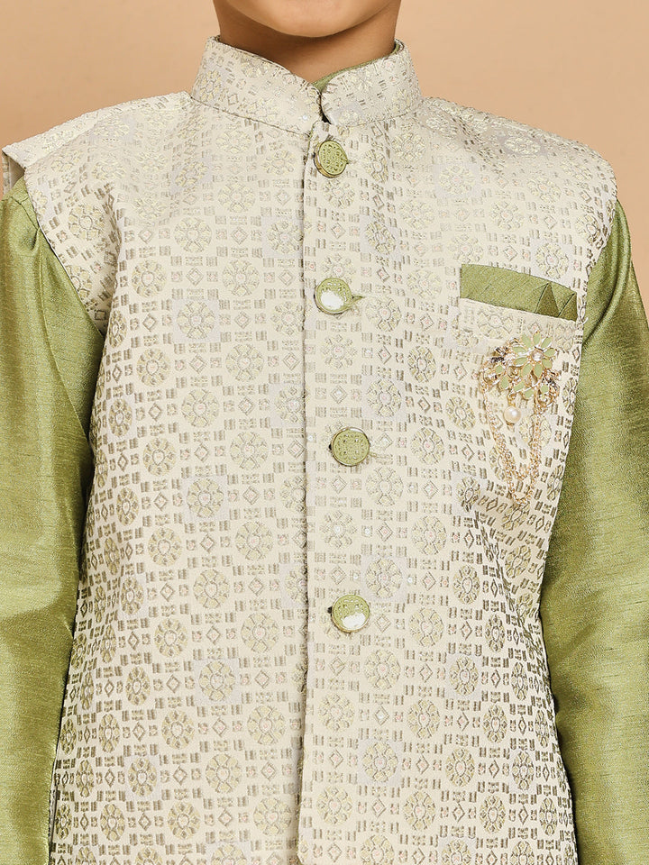 Boys Cotton Silk Kurta & Pyjama Set With Jacquard Geometric Pattern Waistcoat - Pista Green | SHOBITAM