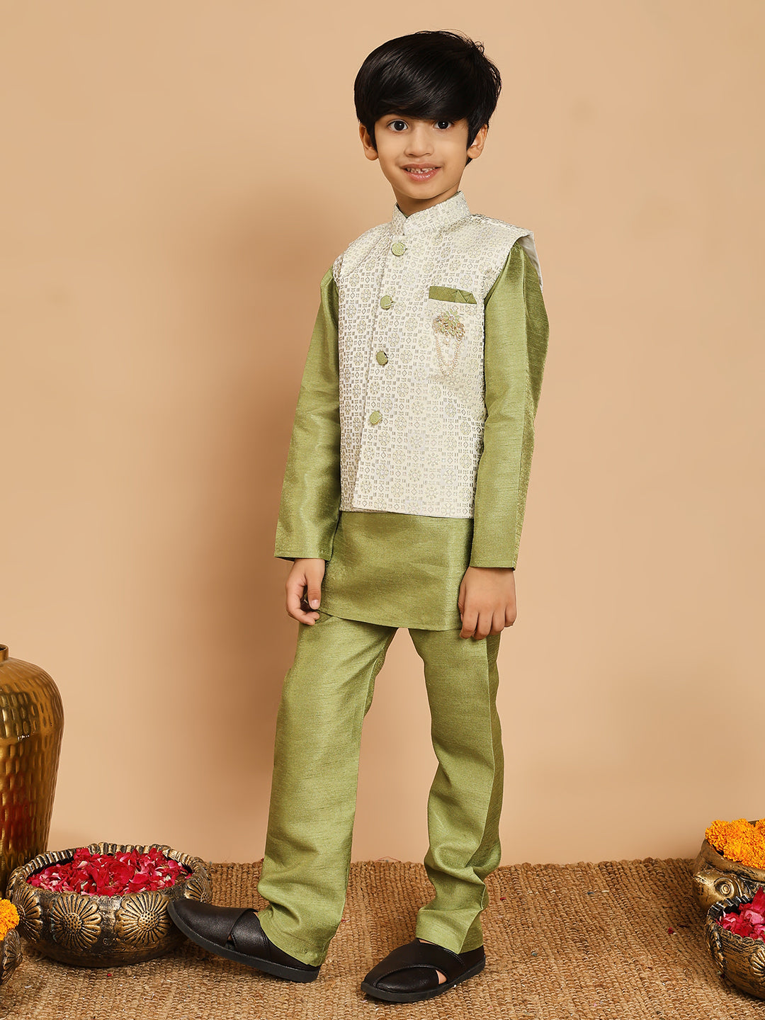 Boys Cotton Silk Kurta & Pyjama Set With Jacquard Geometric Pattern Waistcoat - Pista Green | SHOBITAM
