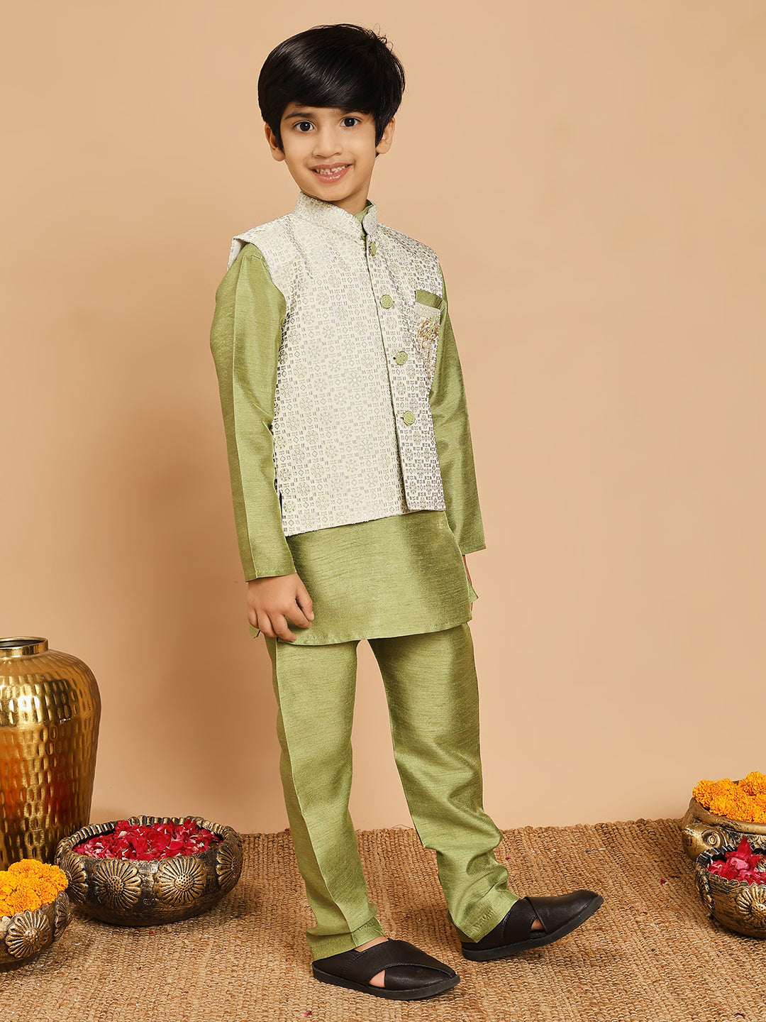 Boys Cotton Silk Kurta & Pyjama Set With Jacquard Geometric Pattern Waistcoat - Pista Green | SHOBITAM