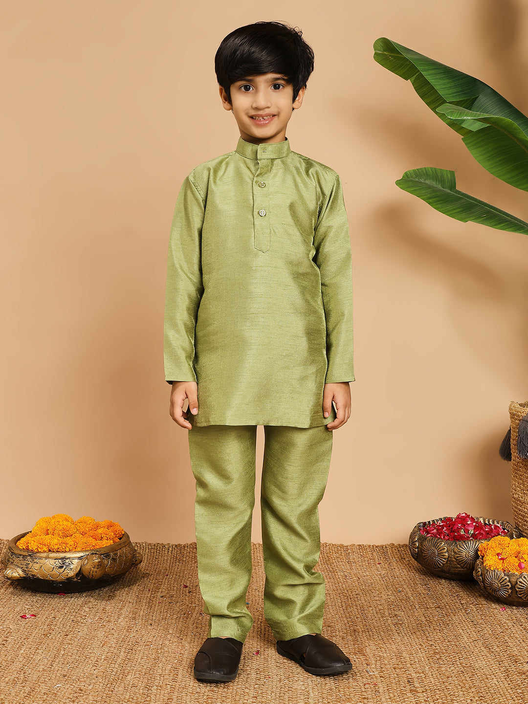 Boys Cotton Silk Kurta & Pyjama Set With Jacquard Geometric Pattern Waistcoat - Pista Green | SHOBITAM