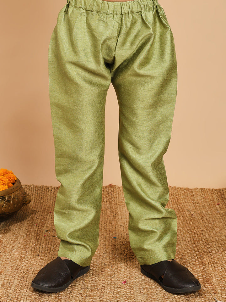 Boys Cotton Silk Kurta & Pyjama Set With Jacquard Geometric Pattern Waistcoat - Pista Green | SHOBITAM