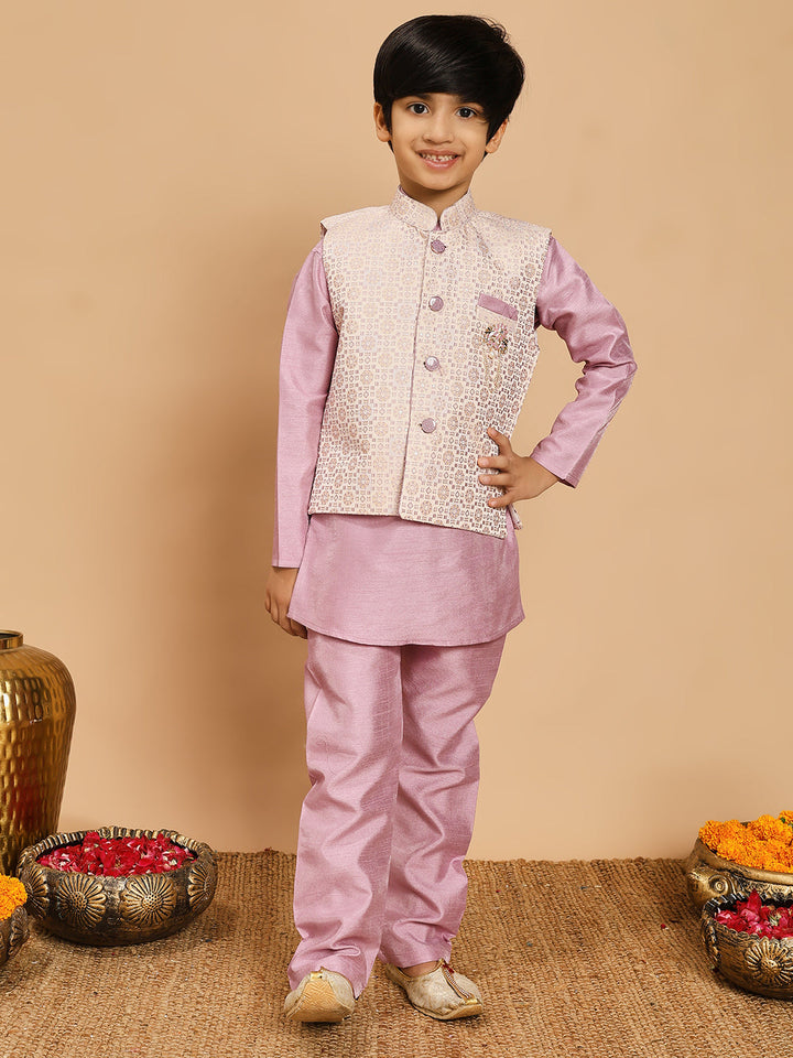 Boys Cotton Silk Kurta & Pyjama Set With Jacquard Geometric Pattern Waistcoat - Lilac | SHOBITAM