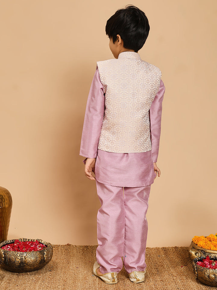 Boys Cotton Silk Kurta & Pyjama Set With Jacquard Geometric Pattern Waistcoat - Lilac | SHOBITAM