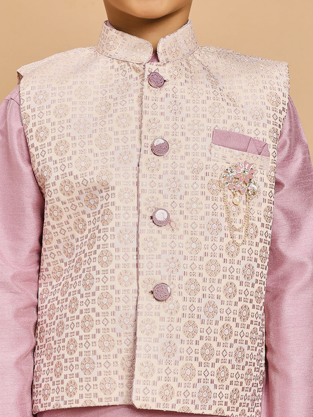 Boys Cotton Silk Kurta & Pyjama Set With Jacquard Geometric Pattern Waistcoat - Lilac | SHOBITAM