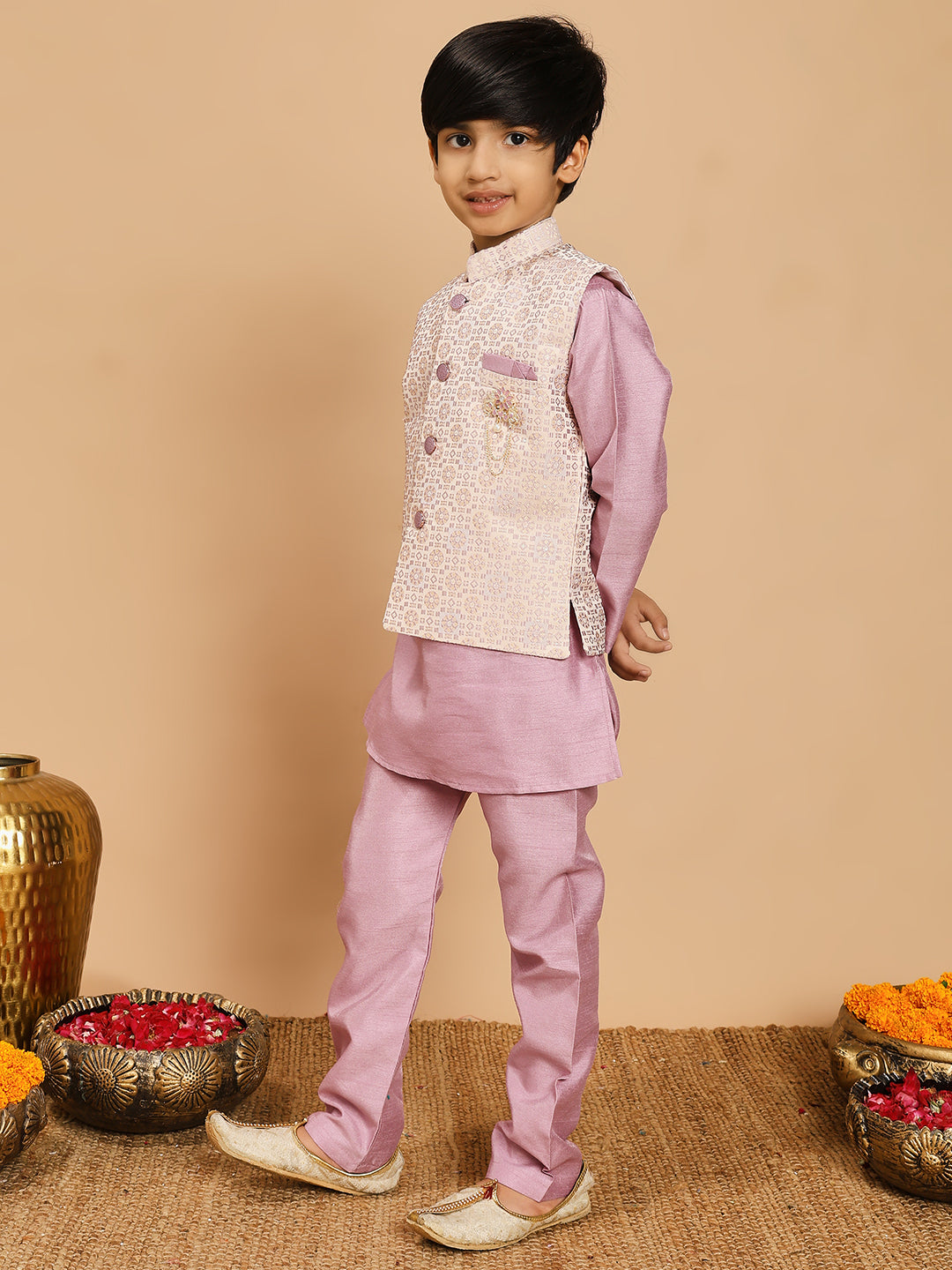 Boys Cotton Silk Kurta & Pyjama Set With Jacquard Geometric Pattern Waistcoat - Lilac | SHOBITAM