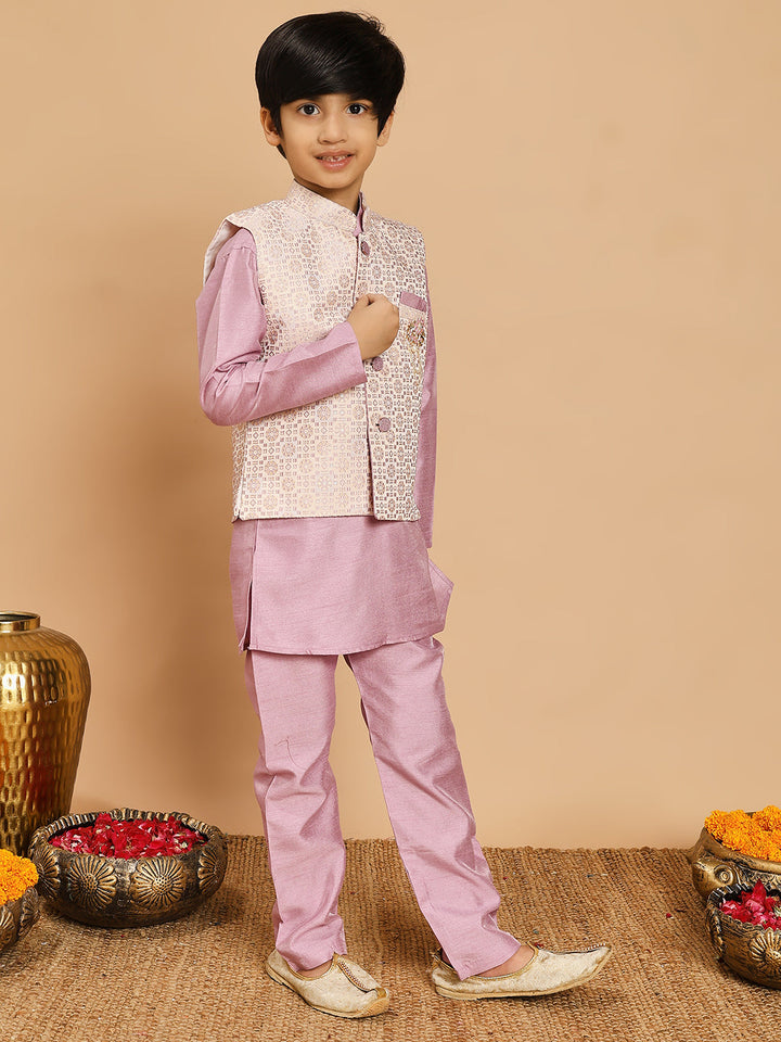 Boys Cotton Silk Kurta & Pyjama Set With Jacquard Geometric Pattern Waistcoat - Lilac | SHOBITAM
