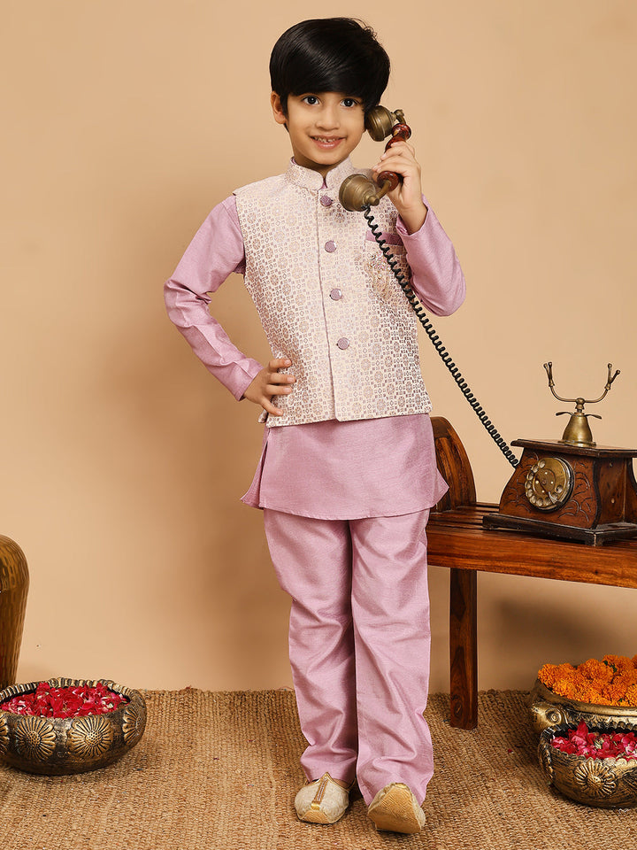 Boys Cotton Silk Kurta & Pyjama Set With Jacquard Geometric Pattern Waistcoat - Lilac | SHOBITAM