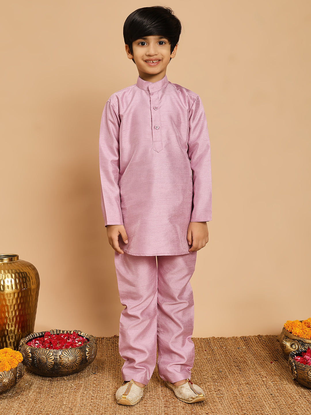 Boys Cotton Silk Kurta & Pyjama Set With Jacquard Geometric Pattern Waistcoat - Lilac | SHOBITAM