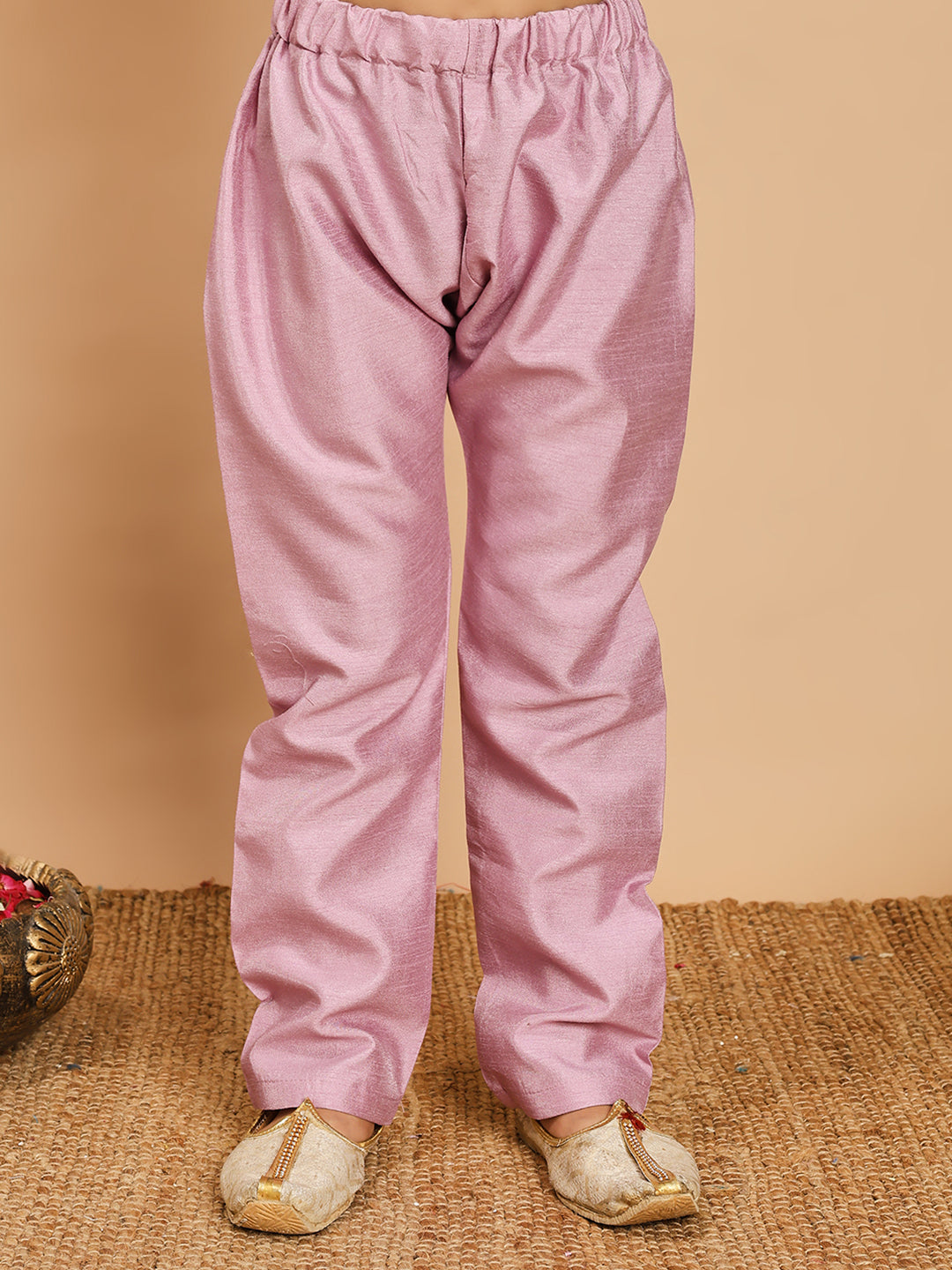 Boys Cotton Silk Kurta & Pyjama Set With Jacquard Geometric Pattern Waistcoat - Lilac | SHOBITAM