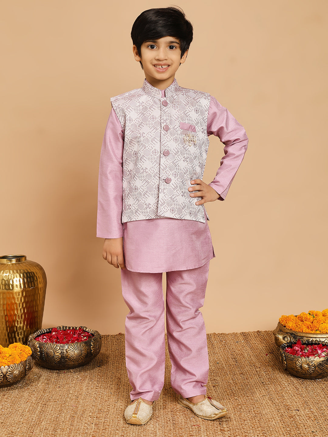 Boys Cotton Silk Kurta & Pyjama Set With Jacquard Geometric Textured Waistcoat - Lilac | SHOBITAM