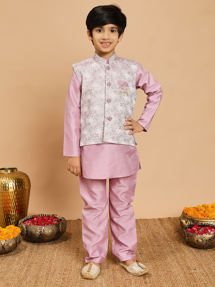 Boys Cotton Silk Kurta & Pyjama Set With Jacquard Geometric Textured Waistcoat - Lilac | SHOBITAM