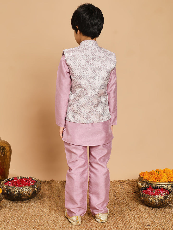Boys Cotton Silk Kurta & Pyjama Set With Jacquard Geometric Textured Waistcoat - Lilac | SHOBITAM