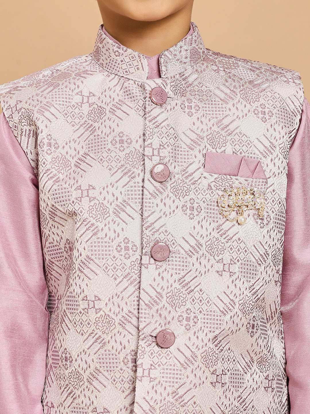 Boys Cotton Silk Kurta & Pyjama Set With Jacquard Geometric Textured Waistcoat - Lilac | SHOBITAM