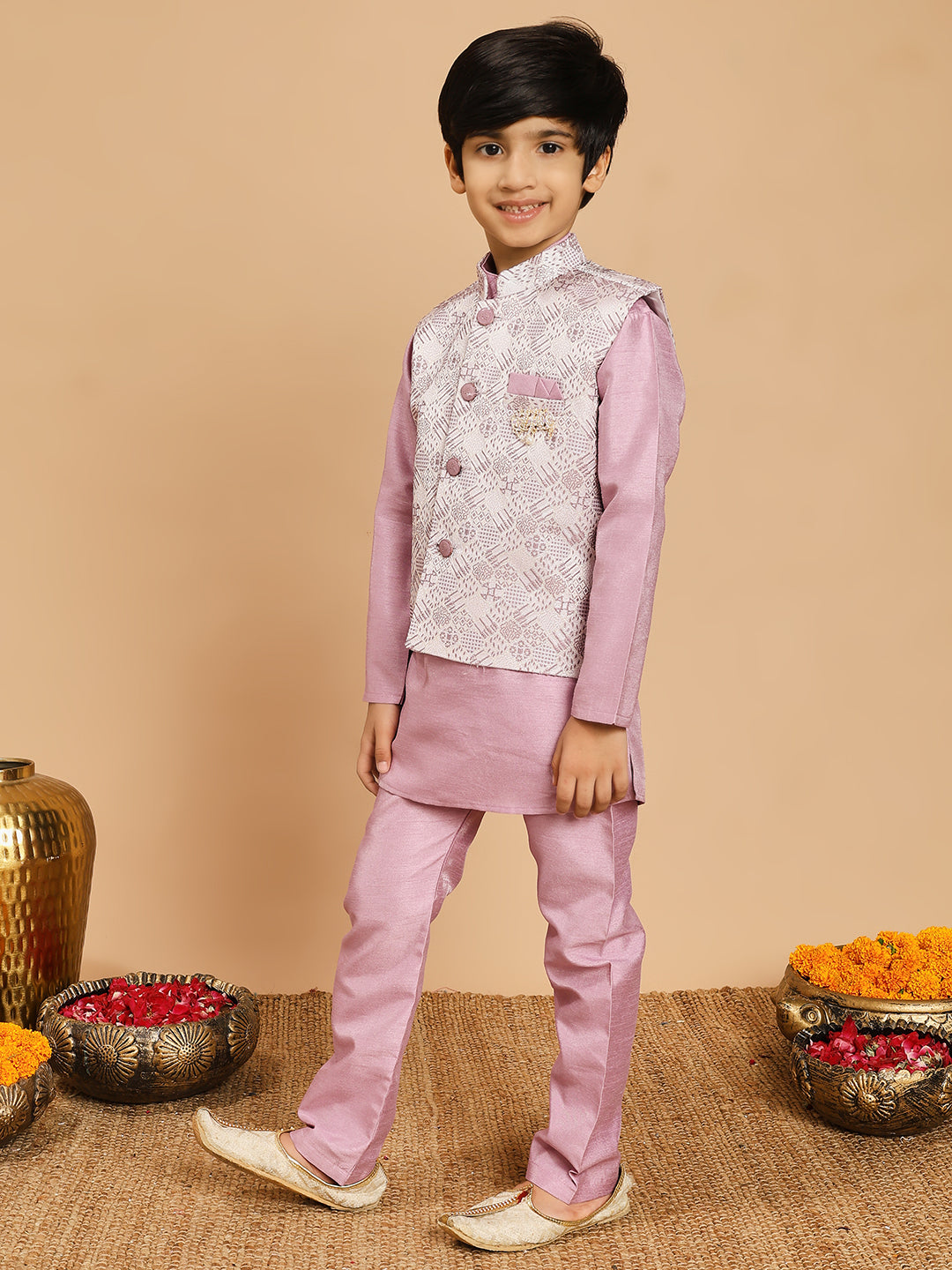 Boys Cotton Silk Kurta & Pyjama Set With Jacquard Geometric Textured Waistcoat - Lilac | SHOBITAM