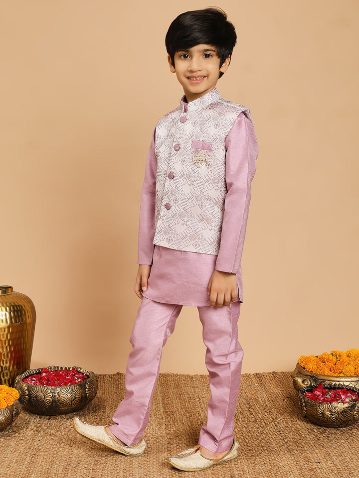Boys Cotton Silk Kurta & Pyjama Set With Jacquard Geometric Textured Waistcoat - Lilac | SHOBITAM