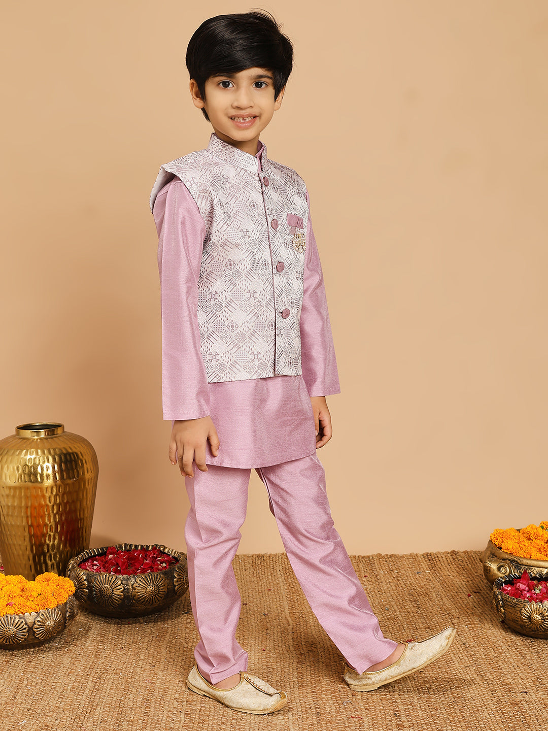 Boys Cotton Silk Kurta & Pyjama Set With Jacquard Geometric Textured Waistcoat - Lilac | SHOBITAM