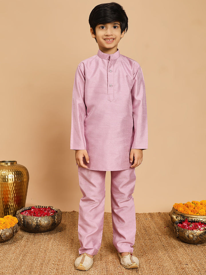 Boys Cotton Silk Kurta & Pyjama Set With Jacquard Geometric Textured Waistcoat - Lilac | SHOBITAM