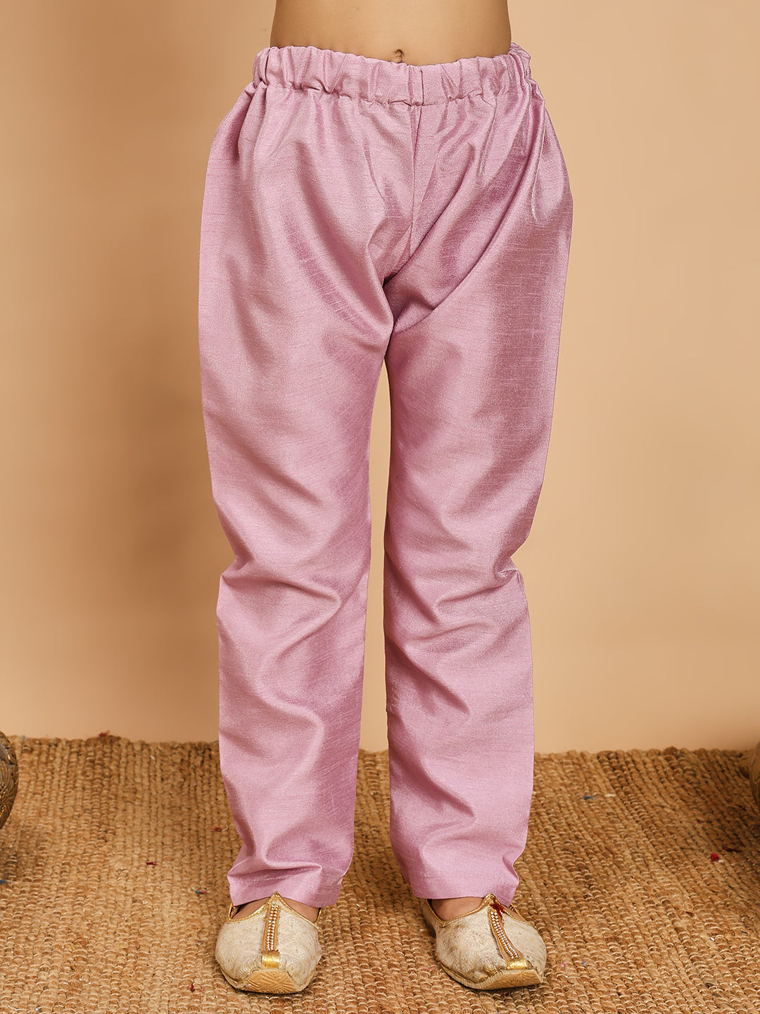 Boys Cotton Silk Kurta & Pyjama Set With Jacquard Geometric Textured Waistcoat - Lilac | SHOBITAM