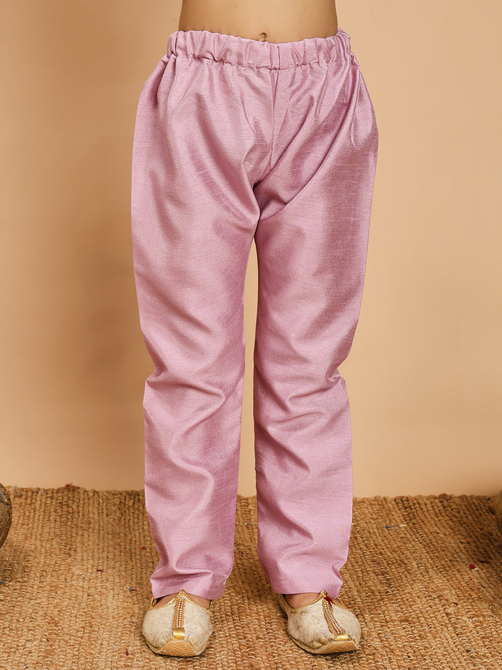 Boys Cotton Silk Kurta & Pyjama Set With Jacquard Geometric Textured Waistcoat - Lilac | SHOBITAM