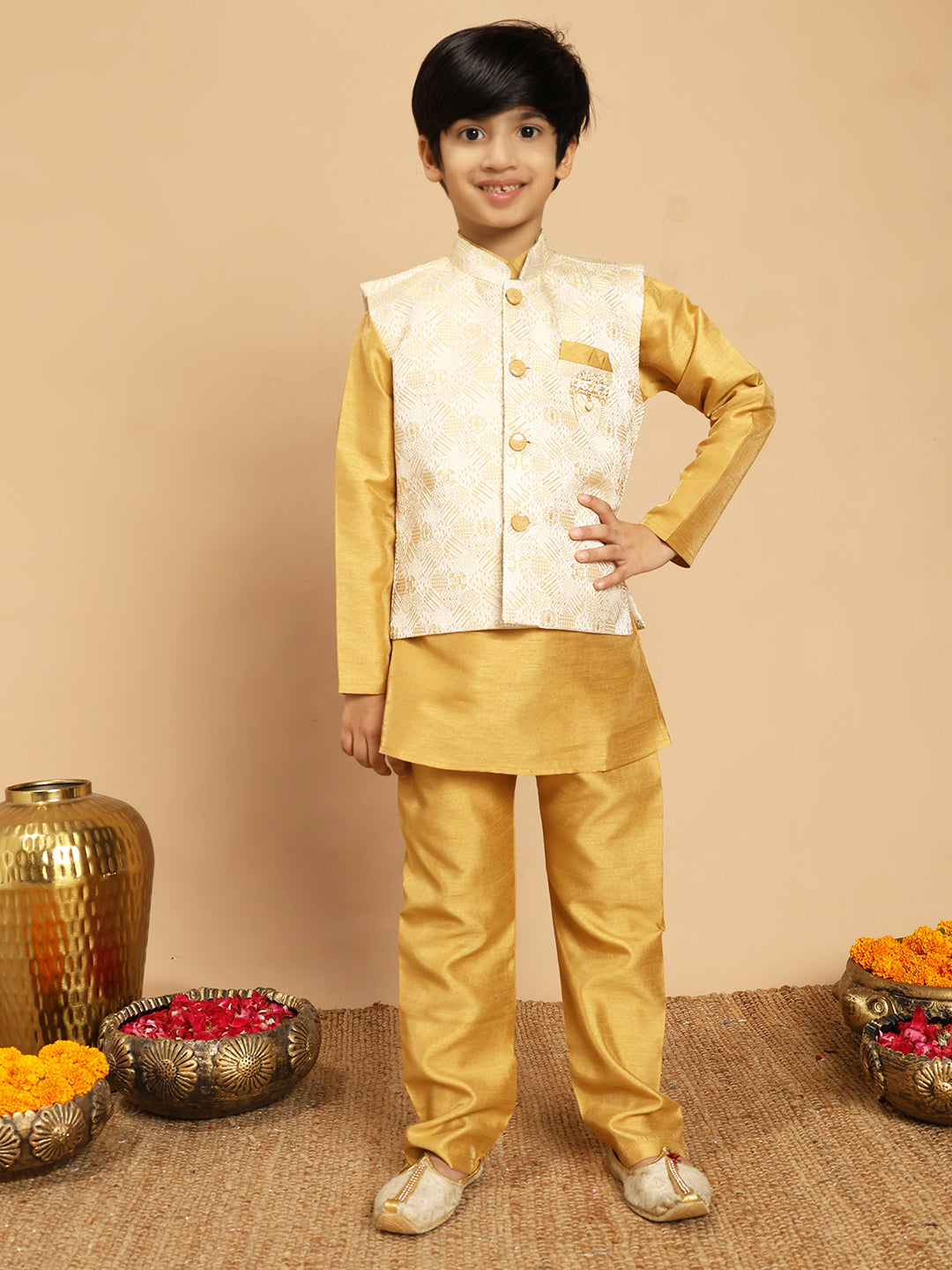 Boys Cotton Silk Kurta & Pyjama Set With Jacquard Geometric Textured Waistcoat - Mustard Yellow | SHOBITAM