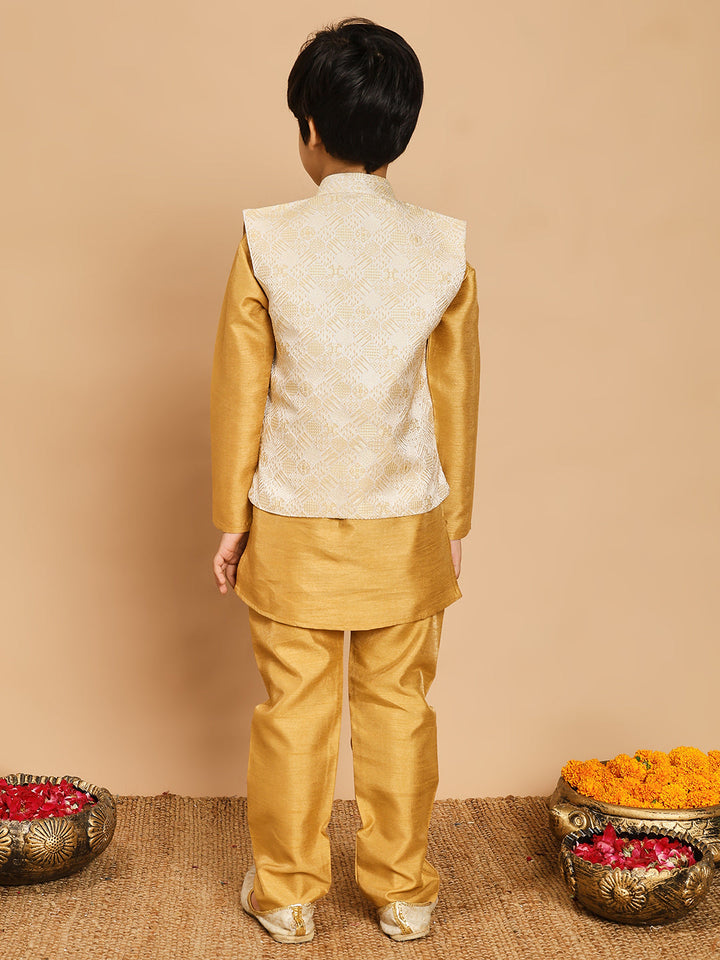 Boys Cotton Silk Kurta & Pyjama Set With Jacquard Geometric Textured Waistcoat - Mustard Yellow | SHOBITAM