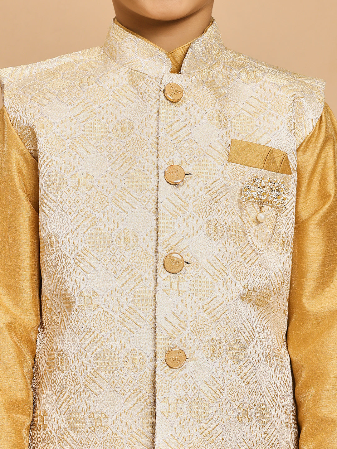 Boys Cotton Silk Kurta & Pyjama Set With Jacquard Geometric Textured Waistcoat - Mustard Yellow | SHOBITAM