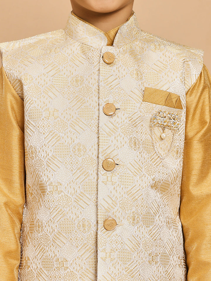Boys Cotton Silk Kurta & Pyjama Set With Jacquard Geometric Textured Waistcoat - Mustard Yellow | SHOBITAM