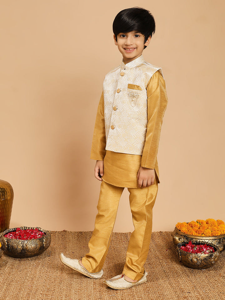 Boys Cotton Silk Kurta & Pyjama Set With Jacquard Geometric Textured Waistcoat - Mustard Yellow | SHOBITAM