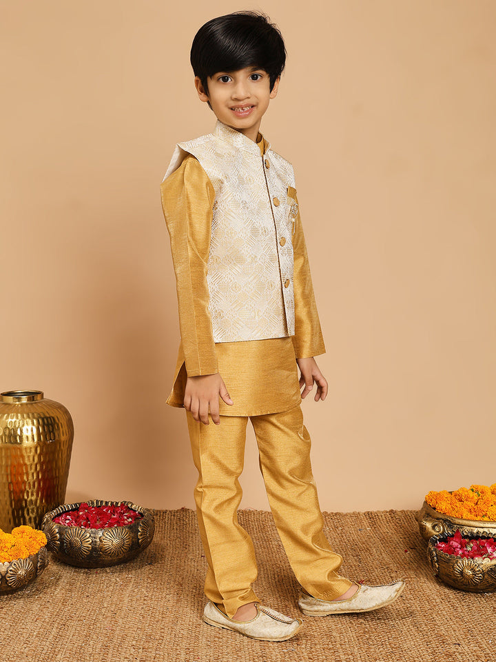 Boys Cotton Silk Kurta & Pyjama Set With Jacquard Geometric Textured Waistcoat - Mustard Yellow | SHOBITAM