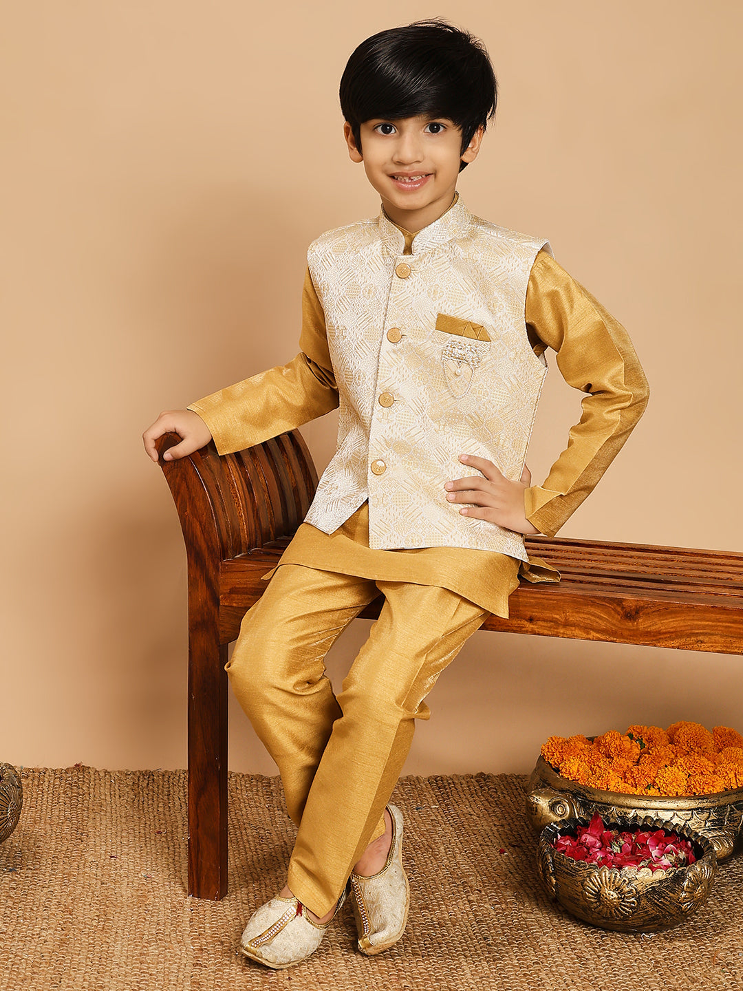 Boys Cotton Silk Kurta & Pyjama Set With Jacquard Geometric Textured Waistcoat - Mustard Yellow | SHOBITAM