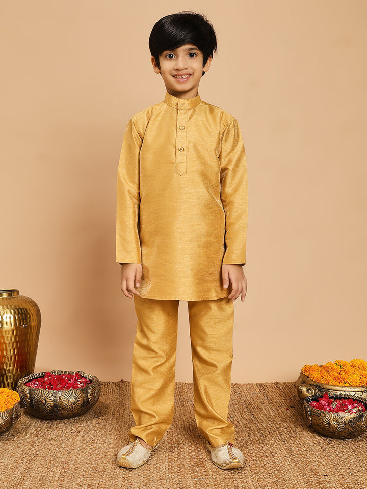 Boys Cotton Silk Kurta & Pyjama Set With Jacquard Geometric Textured Waistcoat - Mustard Yellow | SHOBITAM