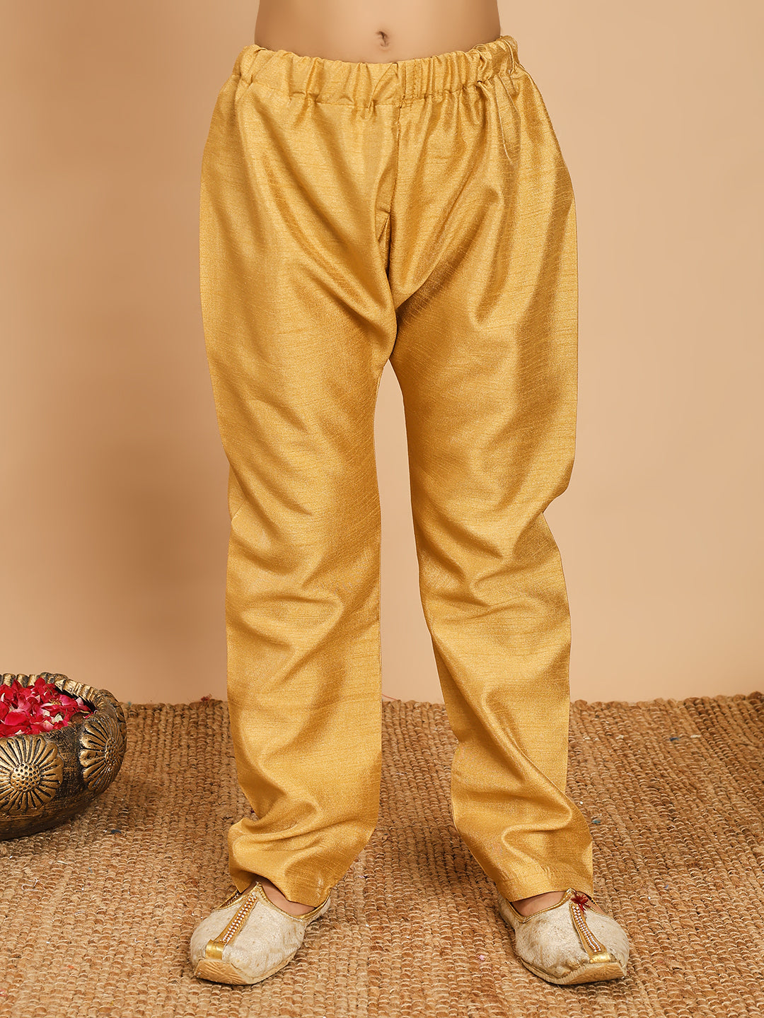 Boys Cotton Silk Kurta & Pyjama Set With Jacquard Geometric Textured Waistcoat - Mustard Yellow | SHOBITAM