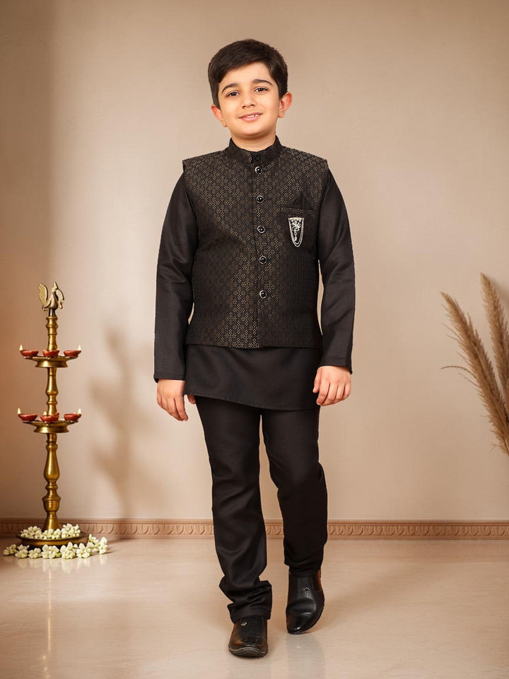 Boys Cotton Silk Solid Kurta Pyjama Set With Jacquard Geometric Floral Motifs Waistcoat - Black | SHOBITAM