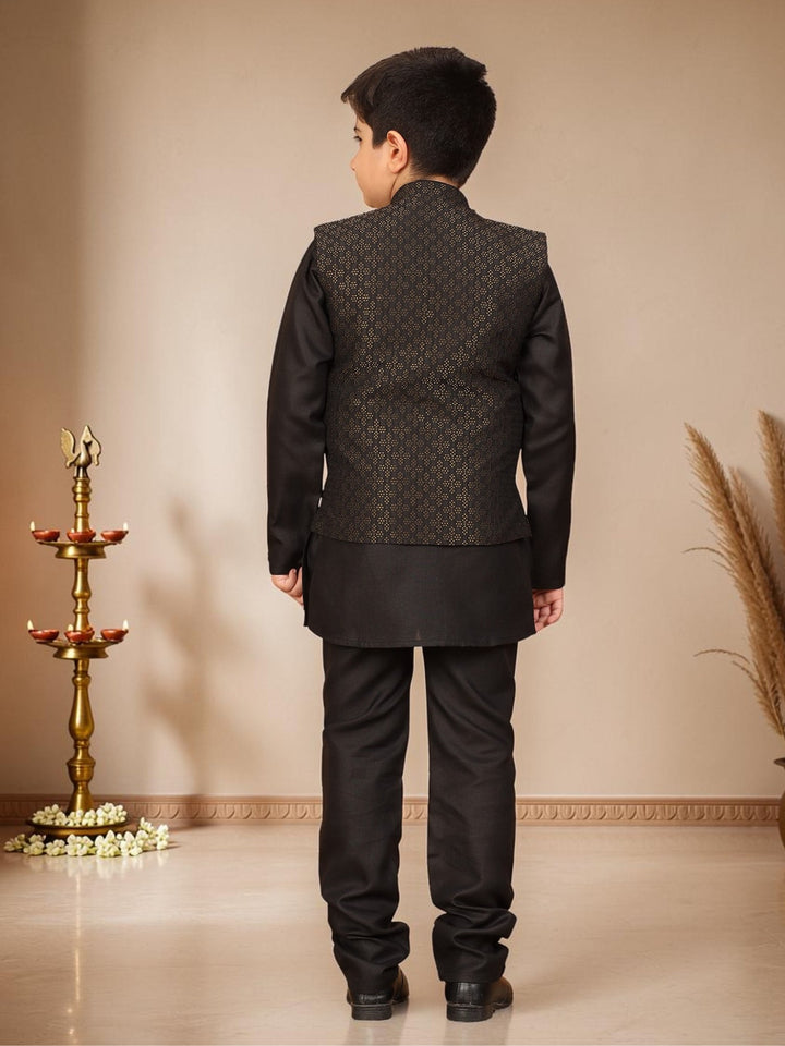 Boys Cotton Silk Solid Kurta Pyjama Set With Jacquard Geometric Floral Motifs Waistcoat - Black | SHOBITAM