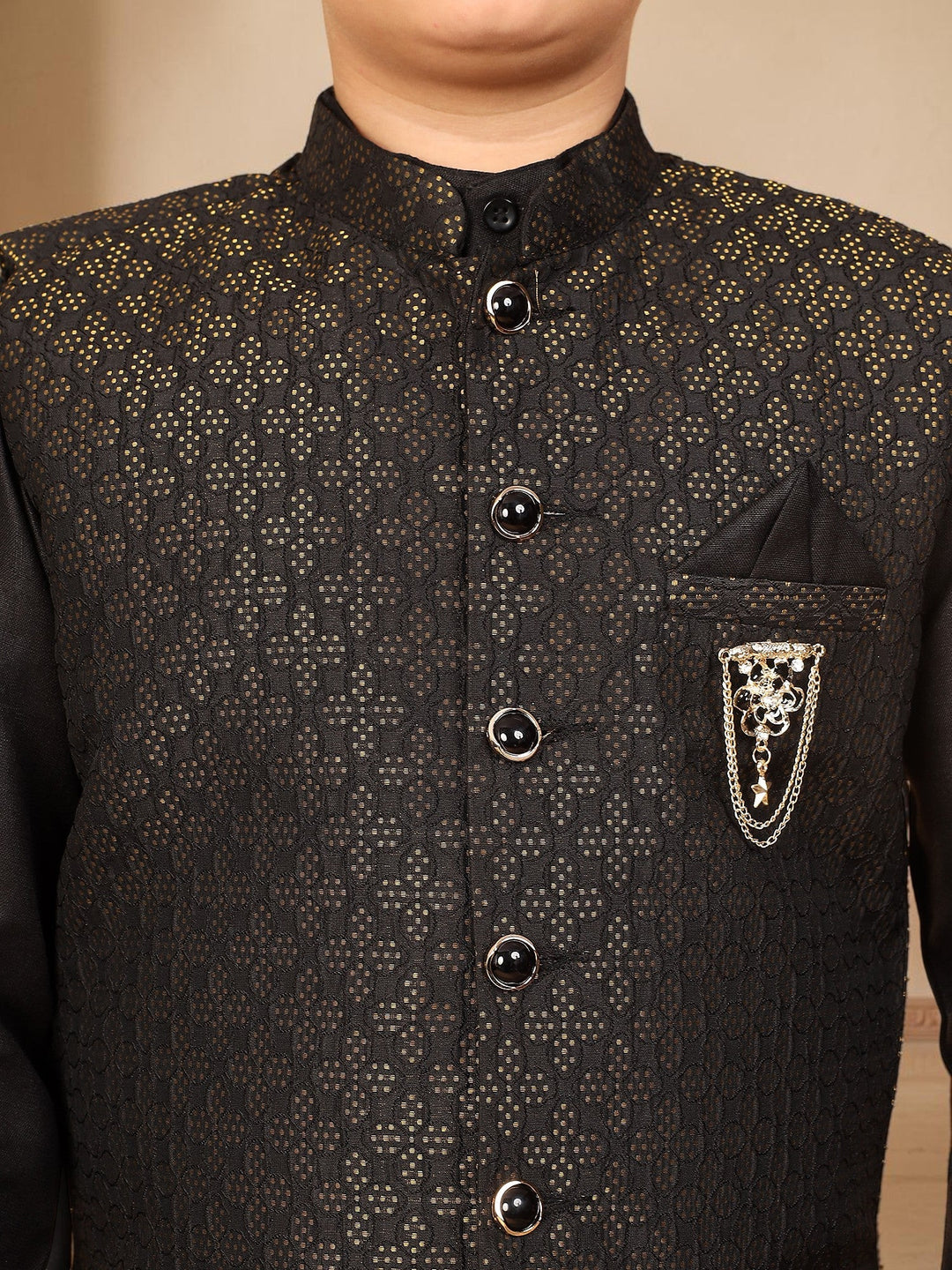 Boys Cotton Silk Solid Kurta Pyjama Set With Jacquard Geometric Floral Motifs Waistcoat - Black | SHOBITAM