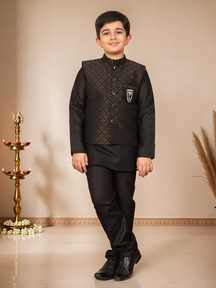 Boys Cotton Silk Solid Kurta Pyjama Set With Jacquard Geometric Floral Motifs Waistcoat - Black | SHOBITAM