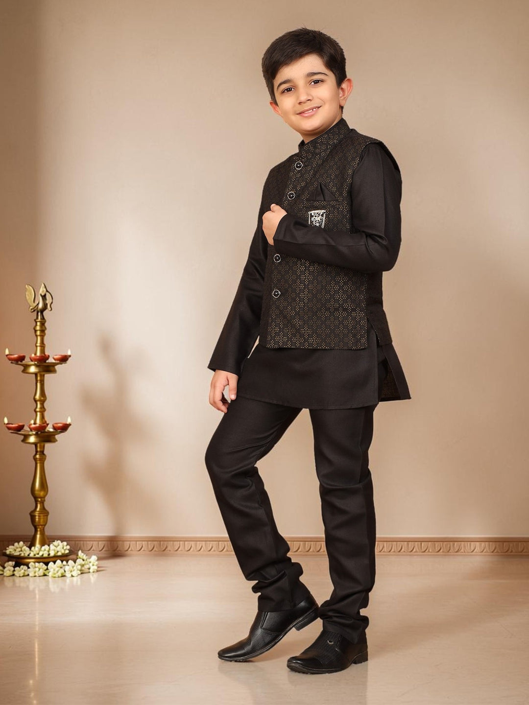 Boys Cotton Silk Solid Kurta Pyjama Set With Jacquard Geometric Floral Motifs Waistcoat - Black | SHOBITAM