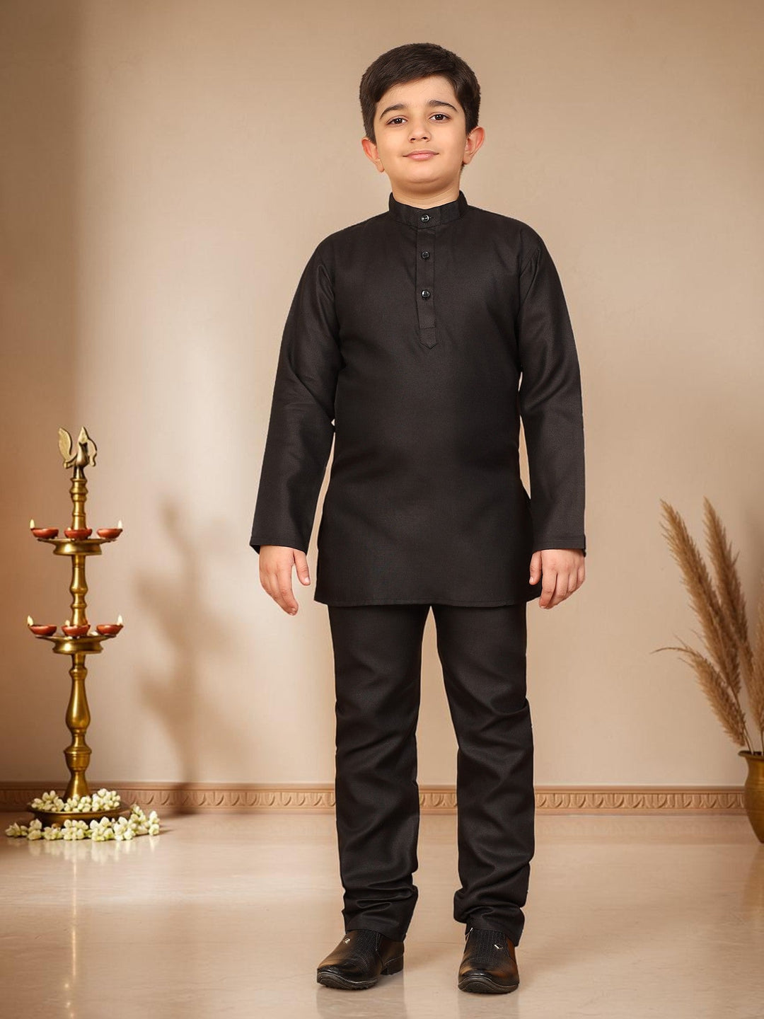 Boys Cotton Silk Solid Kurta Pyjama Set With Jacquard Geometric Floral Motifs Waistcoat - Black | SHOBITAM