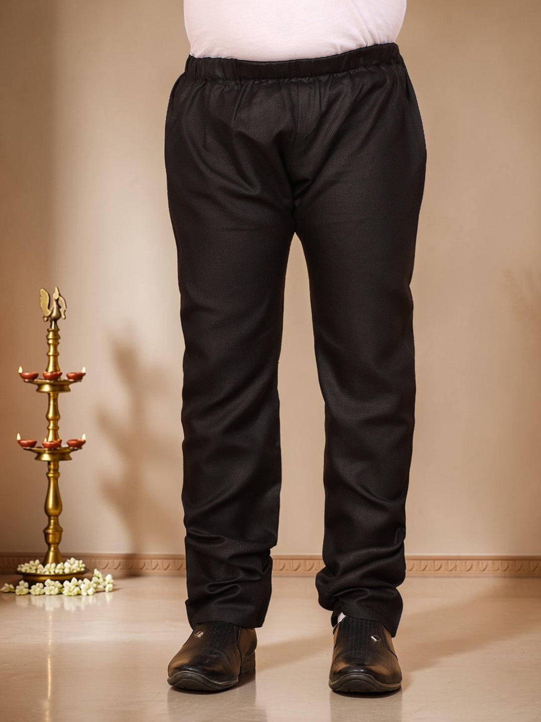Boys Cotton Silk Solid Kurta Pyjama Set With Jacquard Geometric Floral Motifs Waistcoat - Black | SHOBITAM